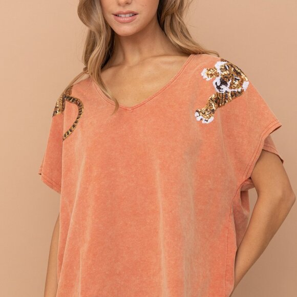 Tiger Sequin Patch Short Sleeve Top - Picture 3 of 6
